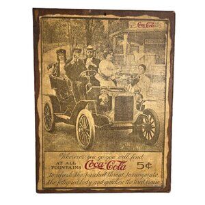 Antique COCA-COLA AT ALL‎ Fountains Model T Car Poster Wood Wall Hang 14"x 10.5"